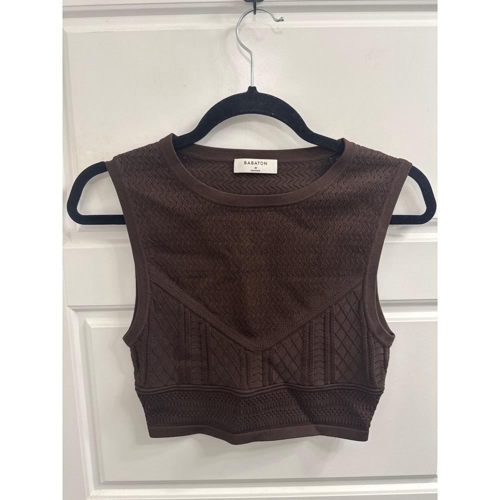 3/$30 Babaton Aritzia Brown Knit Crop Top Sleeveless Chevron Pointelle Medium
